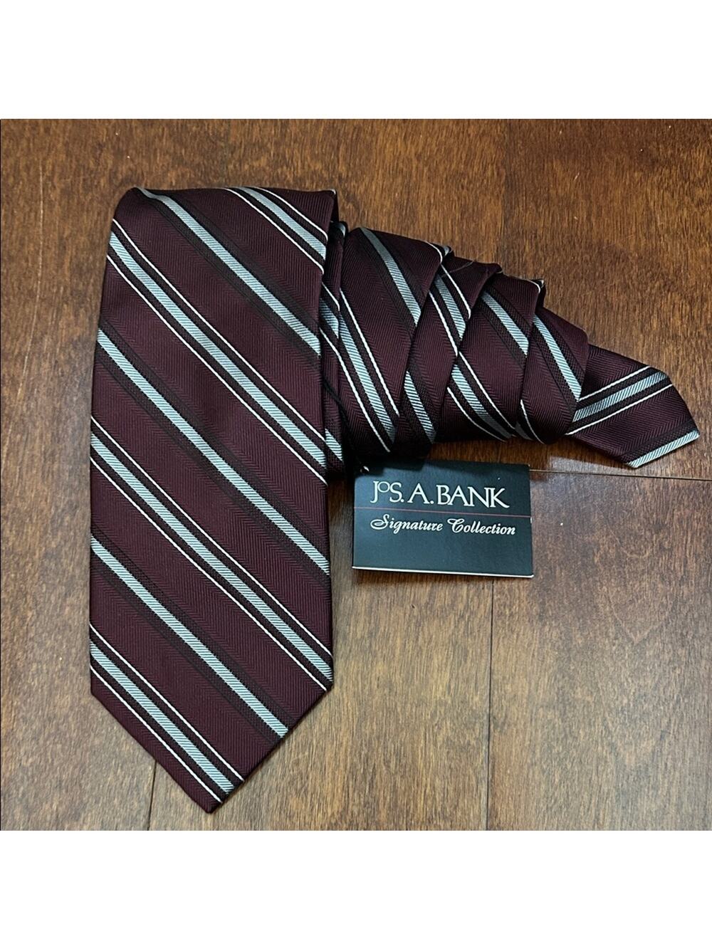 Jos. A. Bank 100% Silk Burgundy and Silver Striped Tie, New with Tags